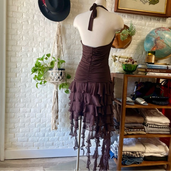 VTG Y2K BCBG MAXAZRIA Brown Ruched Halter Chiffon Ribbon Asymmetrical Dress - Picture 8 of 16